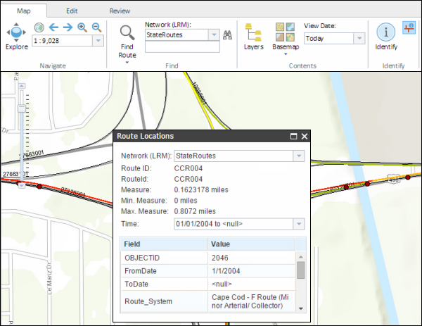 The result of the Identify Route Locations tool The result of the Identify Route Locations tool