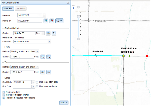 Locating the From measure and To measure values as an offset from the starting station Locating the From measure and To measure values as an offset from the starting station